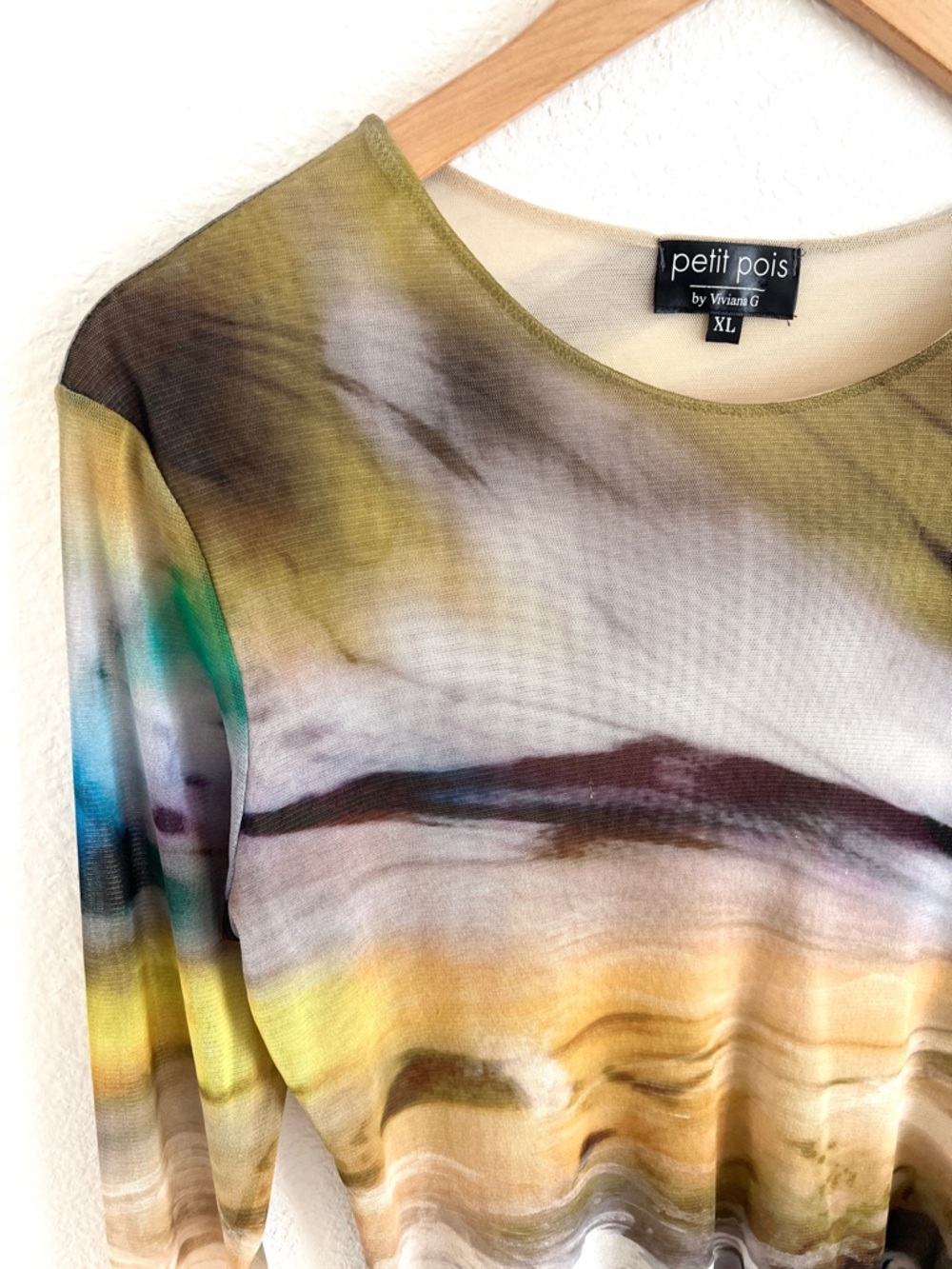 PETIT POIS abstract mesh sheer long sleeve maximalist bodycon top / size XL - Picture 3 of 5